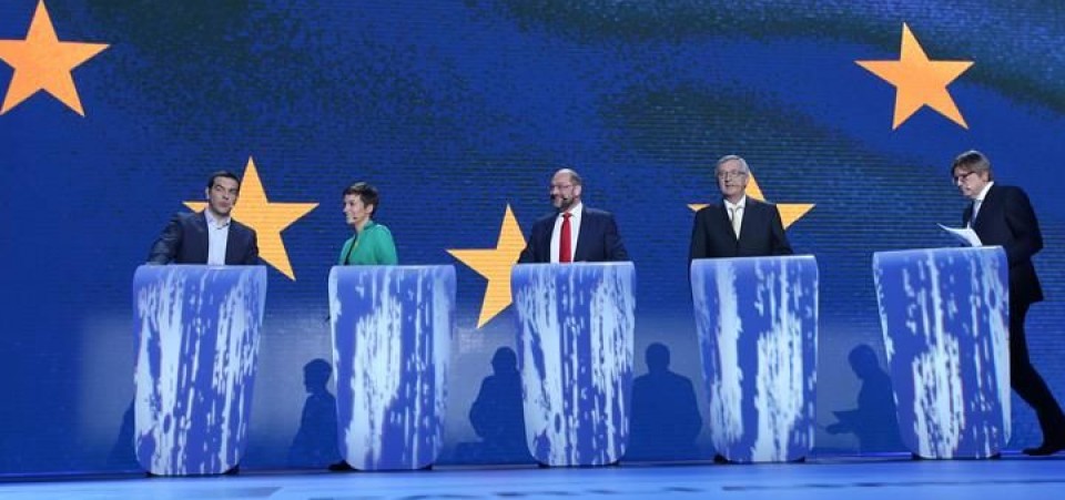 Los candidatos Alexis Tsipras, Jean-Claude Juncker, Martin Schulz, Guy Verhofstadt y Ska Keller. EFE