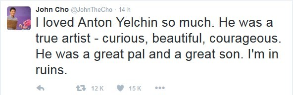 John Cho Actorea Twitter, Anton Yelchin actorearen heriotza