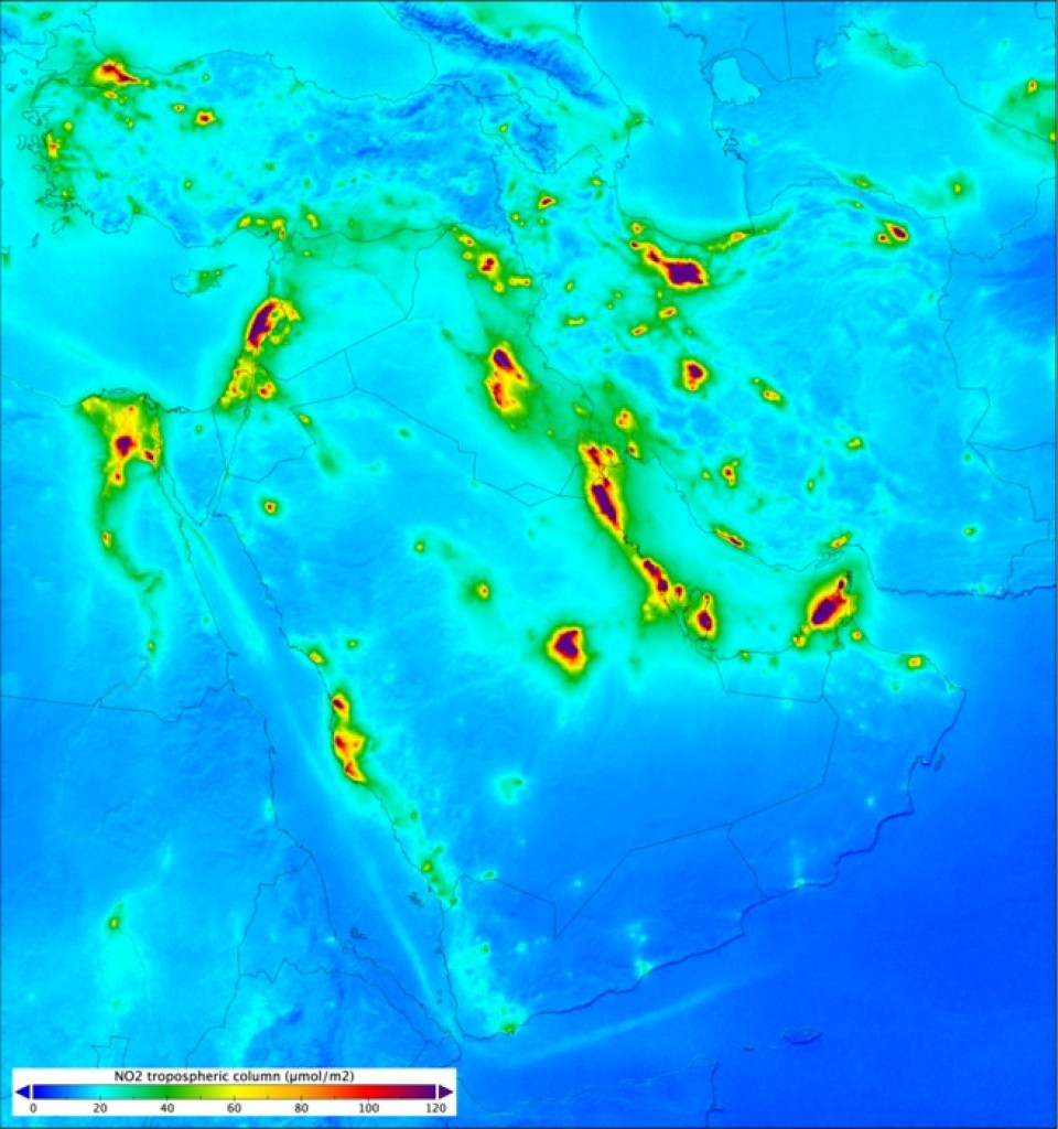 Mapa de contaminación por dióxido de nitrógeno. Oriente Medio