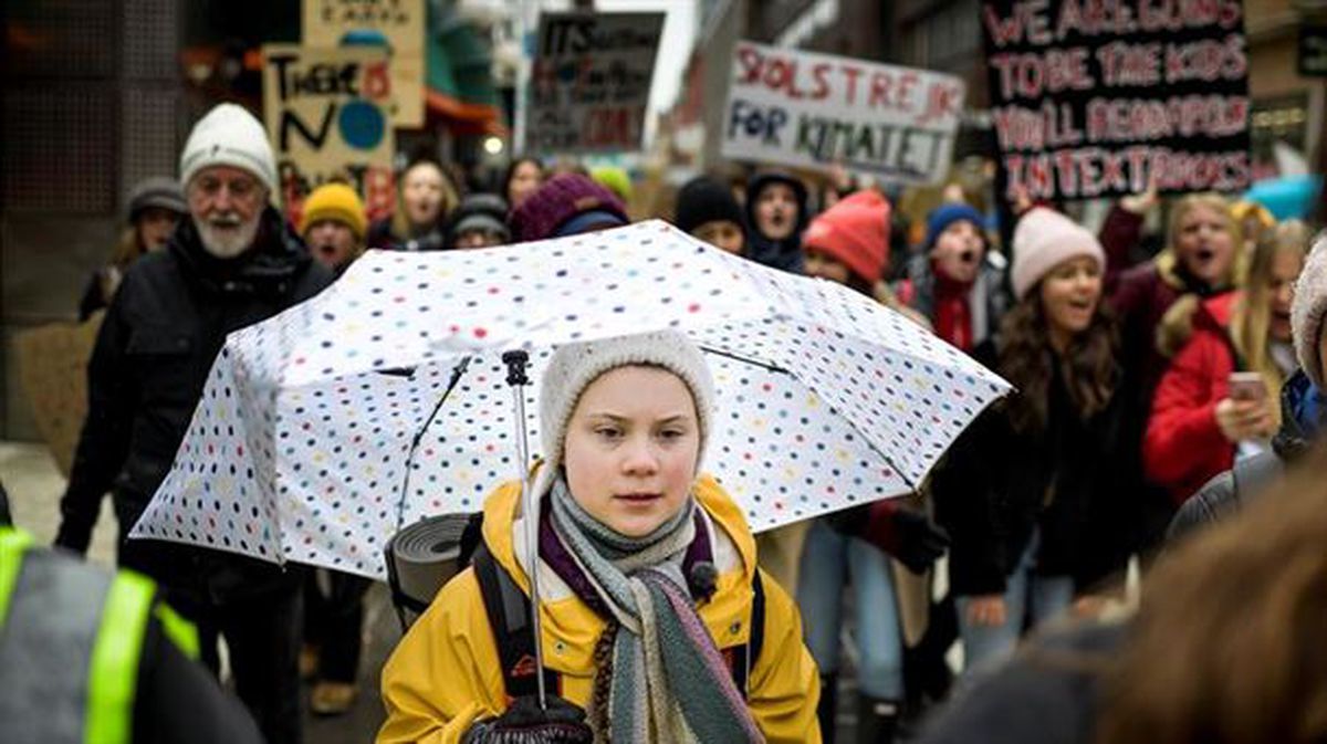 Greta Thunberg, en la protesta del viernes, 15 de marzo, en Estocolmo.