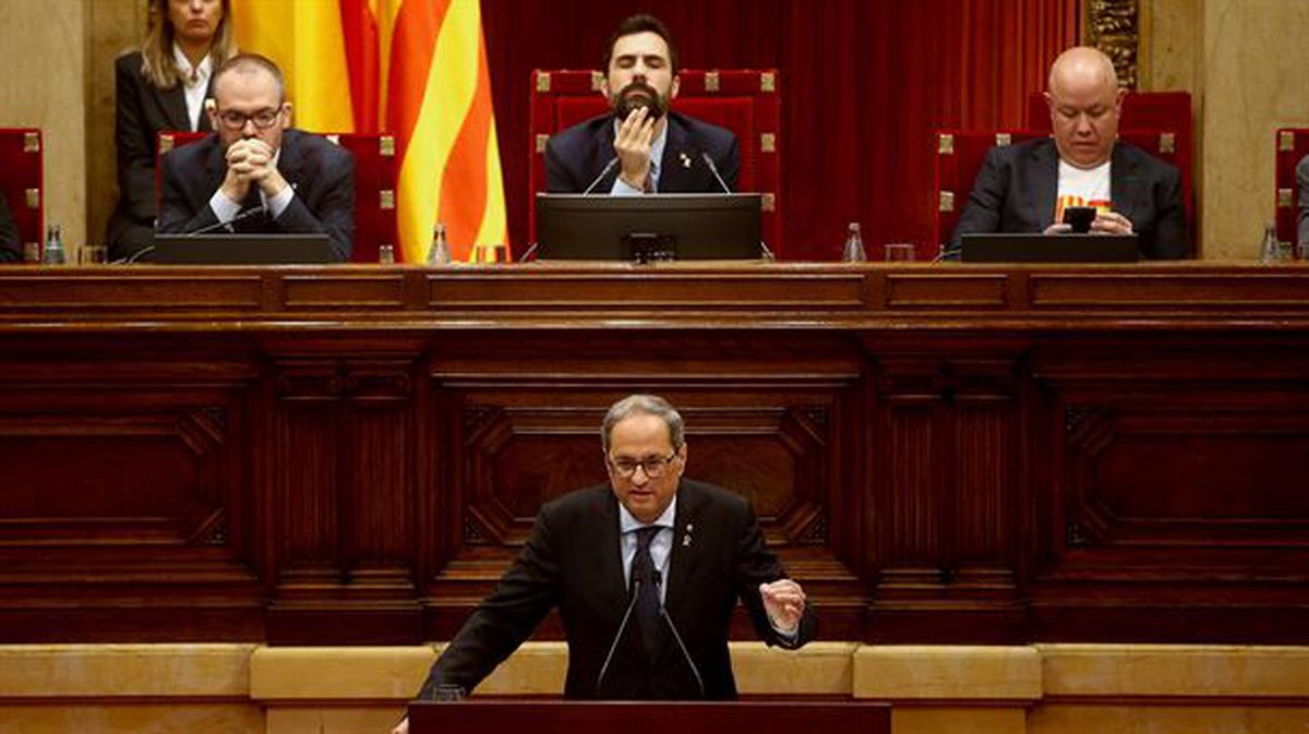 Quim Torra, Kataluniako Parlamentuan egindako agerraldi batean.
