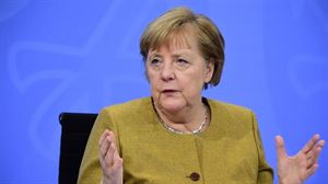 Angela Merkel Alemaniako kantzillerra, bilera telematikoaren osteko prentsaurrekoan