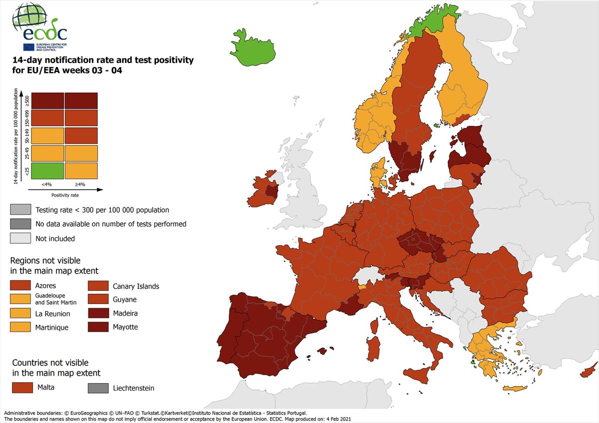 Mapa de incidencia del coronavirus en la Unión Europea, el 4 de febrero de 2021