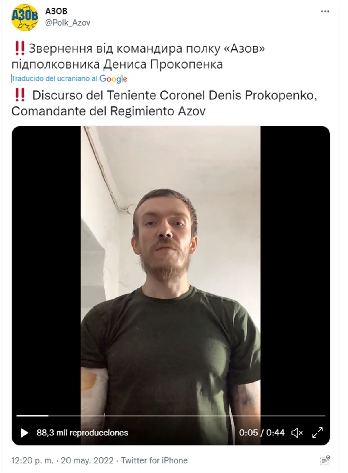 El comandante de Azov Denis Prokopenko, en una imagen extraída del vídeo difundido en redes sociales.