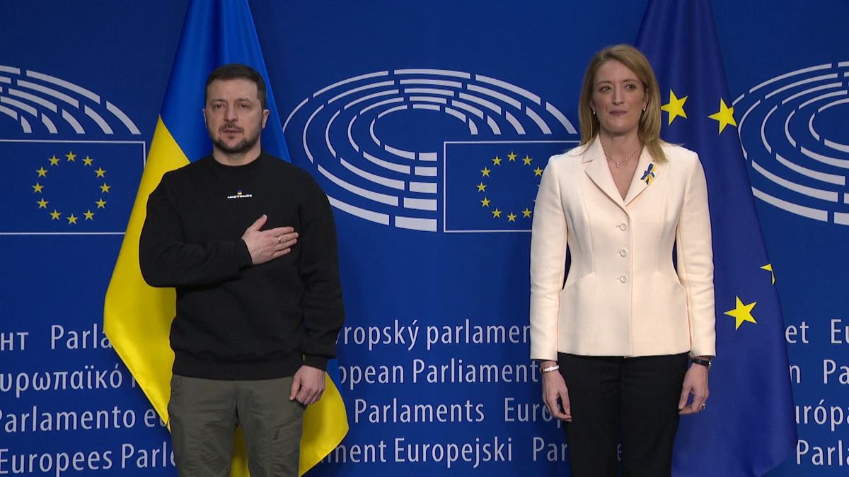 Volodimir Zelenski Europako Parlamentuan. EITBko bideo batetik hartutako irudia.