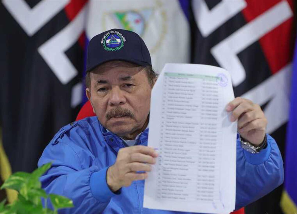 Daniel Ortega muestra la lista de los presos excarcelados y expulsados. Foto: Efe