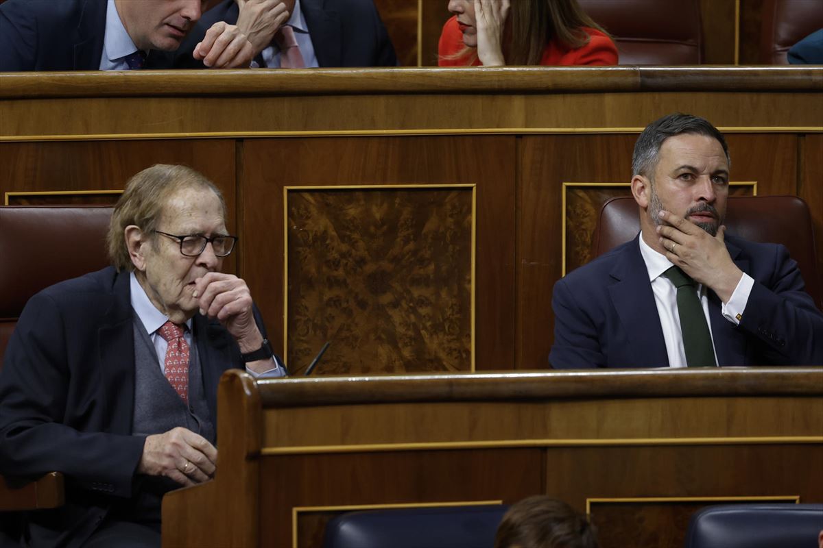 Ramón Tamames y Santiago Abascal durante el debate de la moción de censura. Foto: EFE